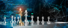 Concept Of Strategy Business Ideas For Innovation Planing And Planing Idea Chess Competition,futuristic Graphic Icon And Gold Chess Board Game Black Color Tone With Financial Stock Line Background.