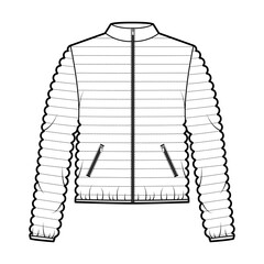 Down puffer coat jacket technical fashion illustration with long sleeves, stand collar, zip-up closure, pockets, hip length, narrow quilting. Flat template front, white color. Women, men, unisex CAD