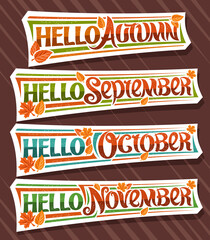 Wall Mural - Vector set for Autumn Season, white logos with curly calligraphic font, falling autumn leaves and decorative confetti, collection of isolated stickers with swirly unique lettering on brown background.