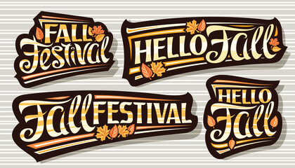 Vector set for Fall Season, dark logos with curly calligraphic font, falling autumn leaves and decorative stripes, collection of 4 isolated badges with swirly lettering on gray striped background.