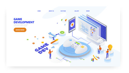 Game development, landing page design, website banner vector template. Gaming industry.