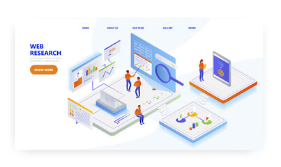 Web research, landing page design, website banner vector template. People using internet information for report.