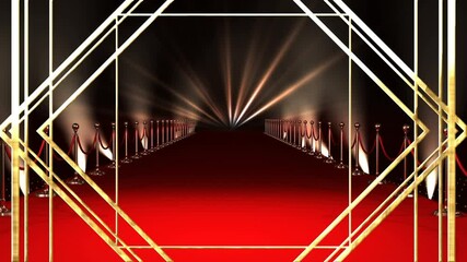 Wall Mural - animation of gold line pattern over red carpet venue, with moving spotlights