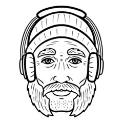 Wall Mural - man with whiskers and headphones. comic avatar, monochrome.