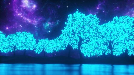 Wall Mural - Blue Glowing Trees moved by Wind - Nature Landscape Loop Motion Background