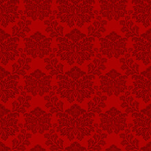 Damask Seamless Pattern. Red Floral Textile Of Ornate Leaves In Vector, Wallpaper In The Interior