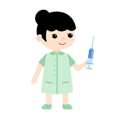 Doctor nurse with syringe in uniform ready for flu covid19 vaccination injection shot isolated on white vector.Cute cartoon female character.Colored flat doodle style.Hospital medical tools equipment.