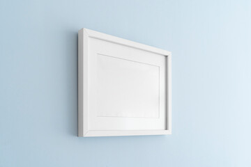 interior house decoration, empty white frame, poster blank canvas, pictures mock up on a blue wall, 