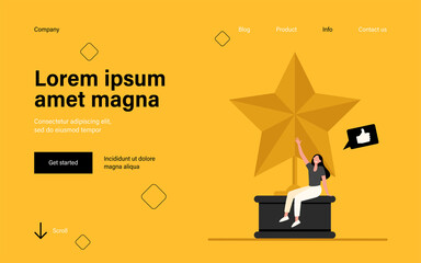 Wall Mural - tiny woman sitting on large golden star. like, prize, blogger flat vector illustration. achievement 