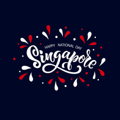 Wall Mural - Singapore Happy National Day handwritten text on blue background. Template for logo, postcard, invitation, badge, icon, banner. Vector colorful illustration. Hand lettering. Modern brush calligraphy