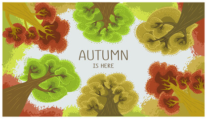 Autumn forest that you see looking upward. Cartoon style, scatter brush, green, yellow and red trees. Can be a good frame for the caption, cartoon, video or website. 