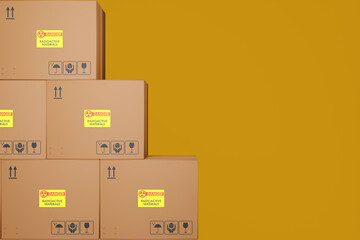 Dangerous goods, cardboard boxes with markings Danger Radioactive Materials on a yellow-brown background. 3d rendering