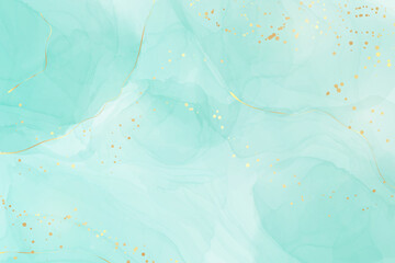 pastel cyan mint liquid marble watercolor background with gold lines and brush stains. teal turquois