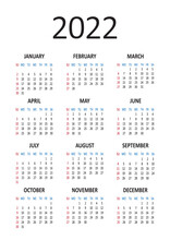 American Calendar 2022 Year. Week Starts From Sunday. Vector Illustration