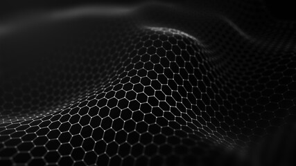 Abstract hexagon wave with moving dots. Flow of particles. Cyber technology illustration. 3d rendering