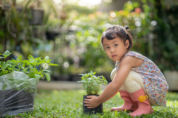 Canvas Print - Cute Asian small girl playing with a potted plant