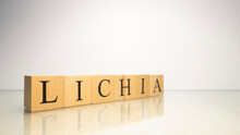 The Name Lichia Was Created From Wooden Letter Cubes. Seafood And Food.