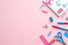 School Stationery On Pink Background. Minimal Style. Back To School Concept. Flat Lay, Top View, Overhead.