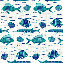 Aegean Teal Shoal Of Fish Linen Nautical Texture Background. Summer Coastal Living Style Swatches. Under The Sea Life  Swimming Fishes Material.  2 Tone Blue Dyed Textile Seamless Pattern.
