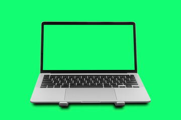 Wall Mural - Laptop with blank green screen isolated on green background.