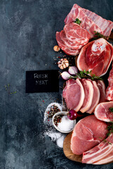 Wall Mural - Different types of raw meat on black background