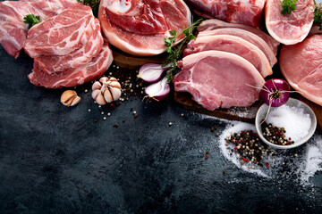 Wall Mural - Different types of raw meat on black background