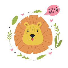 Wall Mural - Illustration of a funny lion saying HELLO. Vector composition with floral elements