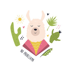 Wall Mural - Funny llama in costume. Vector composition with floral elements