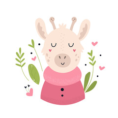 Wall Mural - Funny giraffe in a sweater. Vector composition with floral elements