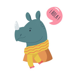 Wall Mural - Funny illustration of smiling rhino wearing scarf.
