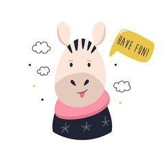 Wall Mural - Funny illustration of cheerful zebra in a sweater and text Hello There