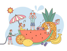 Summer Fruit Festival. People Are Playing In The Water And Listening To Music Around The Giant Fruit. Outline Simple Vector Illustration.