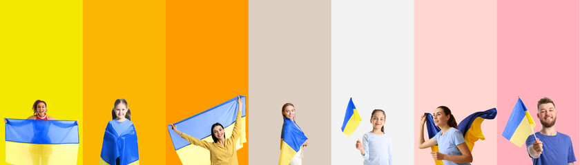 Sticker - Group of people with flags of Ukraine on color background