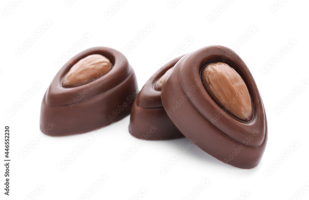Sweet chocolate candies on white background