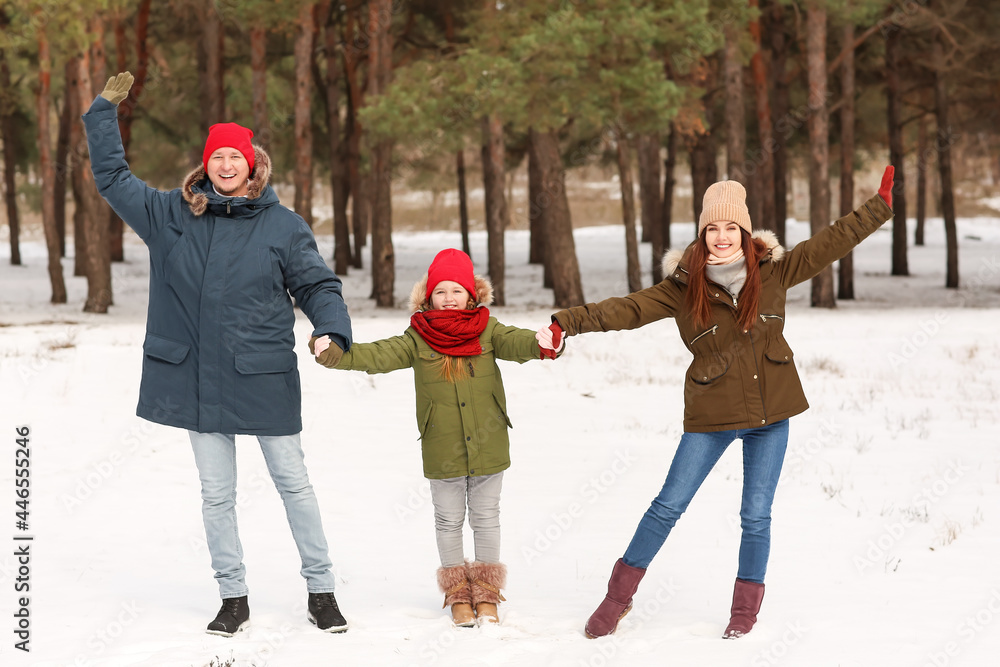 Happy family in park on winter day