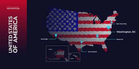 Wall Mural - North America map with flag info graphic. Abstract vector map of North America with capital and major cities. Dots composition map on dark background. 