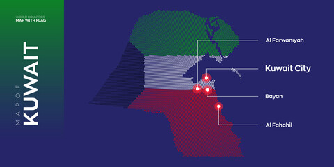 Wall Mural - Kuwait map with flag info graphic. Abstract vector map of Kuwait with capital and major cities. Dots composition map on dark background. 