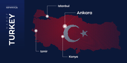 Wall Mural - Turkey map with flag info graphic. Abstract vector map of Turkey with capital and major cities. Dots composition map on dark background. 