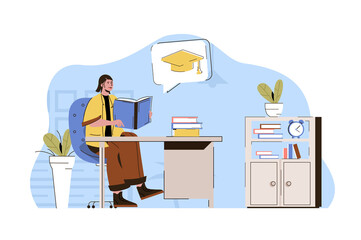 Poster - Higher education concept. Student reads textbook, prepares for final exams situation. Studying at University people scene. Vector illustration with flat character design for website and mobile site