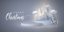 Christmas Holiday Banner With 3d Podium, Fir-tree, Clouds And Glossy Metallic Deer. New Year Background. Vector Illustration.