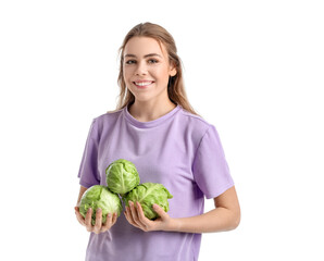 Sticker - Young woman with fresh cabbages on white background