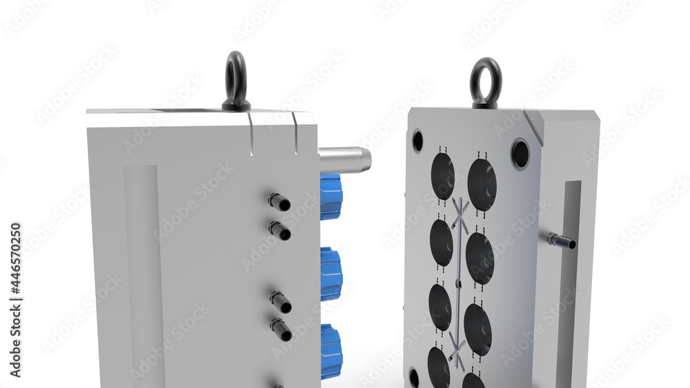 3D render of plastic moulding machine. Plastic injection moulding.Cups ...