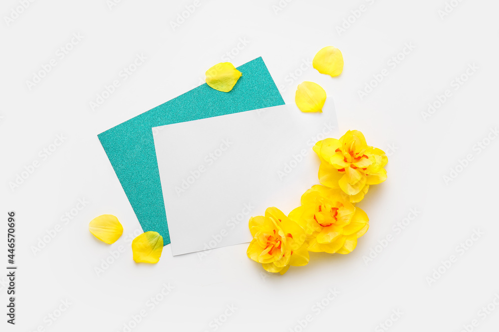 Beautiful daffodils and blank cards on white background - obrazy, fototapety, plakaty 