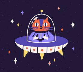 Wall Mural - cute cat astronaut traveling in outer space in intergalactic spaceship. animal cosmonaut in flying s
