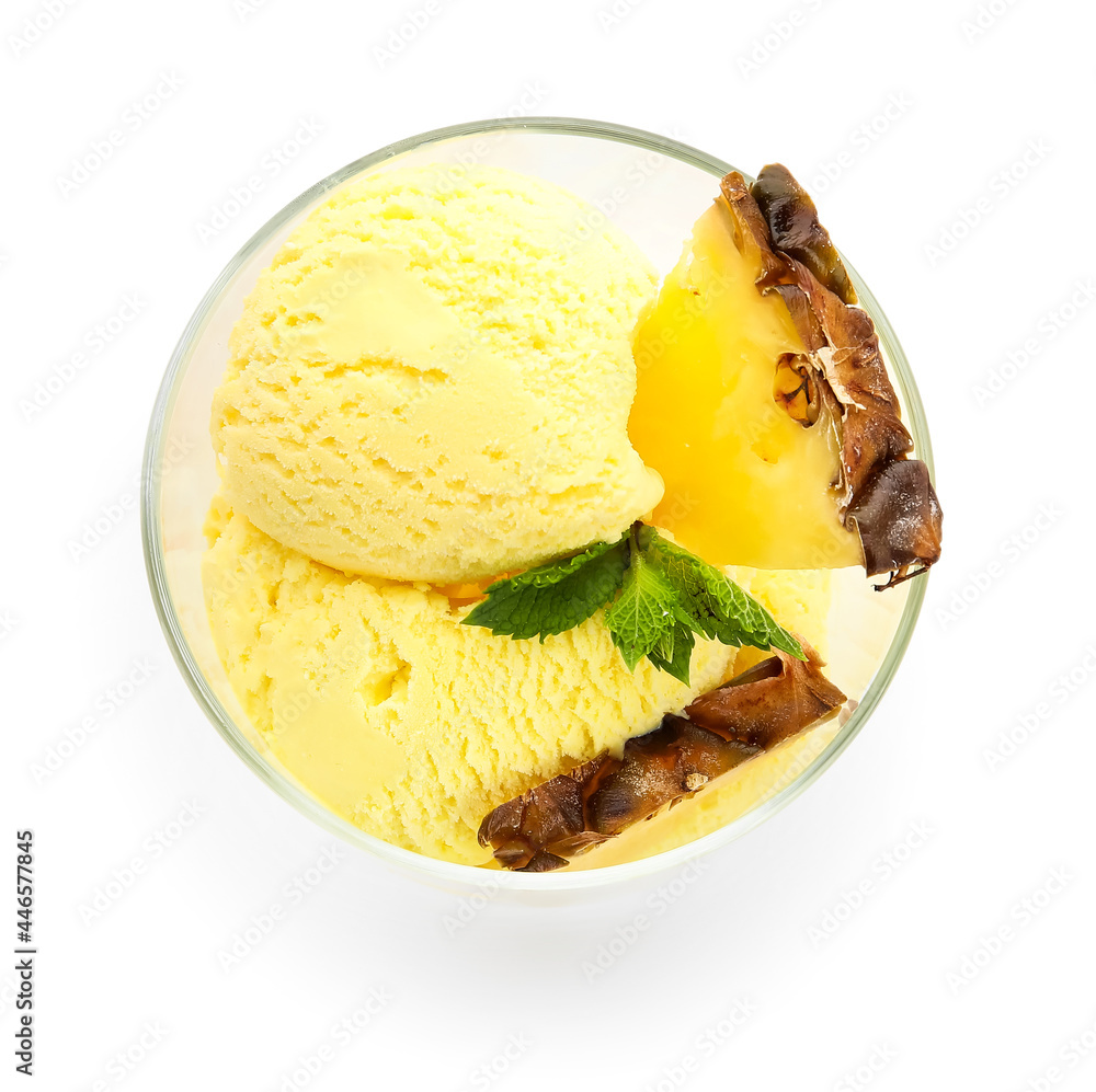 Glass with tasty pineapple ice cream on white background