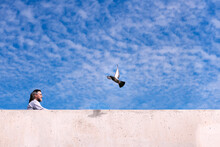 Happy Mature Man And Flying Bird Against Blue Sky