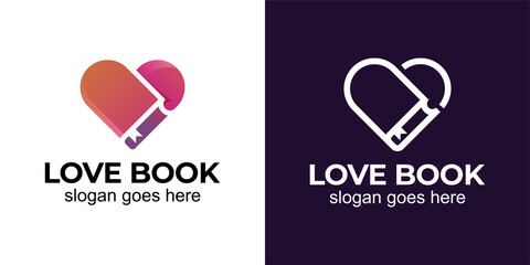 love story book with love for library, book store, romantic novel and love reading book logo design