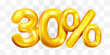 30 percent Off. Discount creative composition of golden balloons. 3d mega sale or thirty percent bonus symbol on transparent background. Sale banner and poster.
