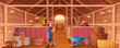 © redgreystock - Cartoon stable with horses and woman stableman. Interior of barn or countryside building for animals. Farm house inside view. Wooden ranch with stalls, equines, paddocks, haystacks and girl farmer.
