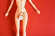 nude doll on a red background, metal lock between the doll's legs, padlock on the hips, sex education concept